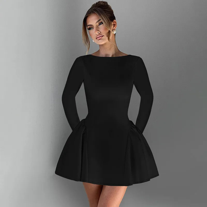 Boat neck long sleeve puffy skirt dress