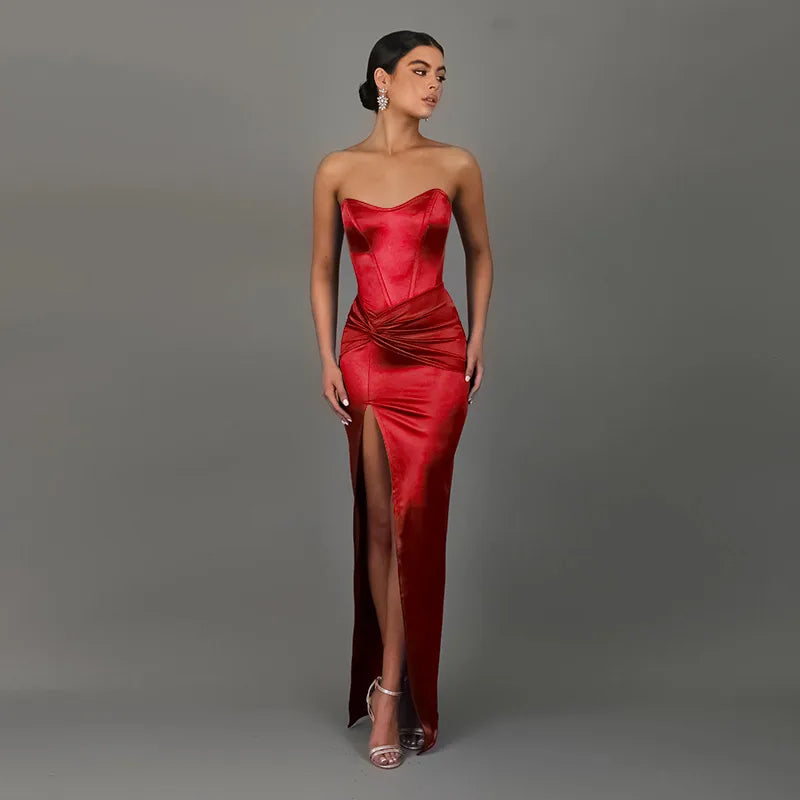 Paula side slit strapless party dress