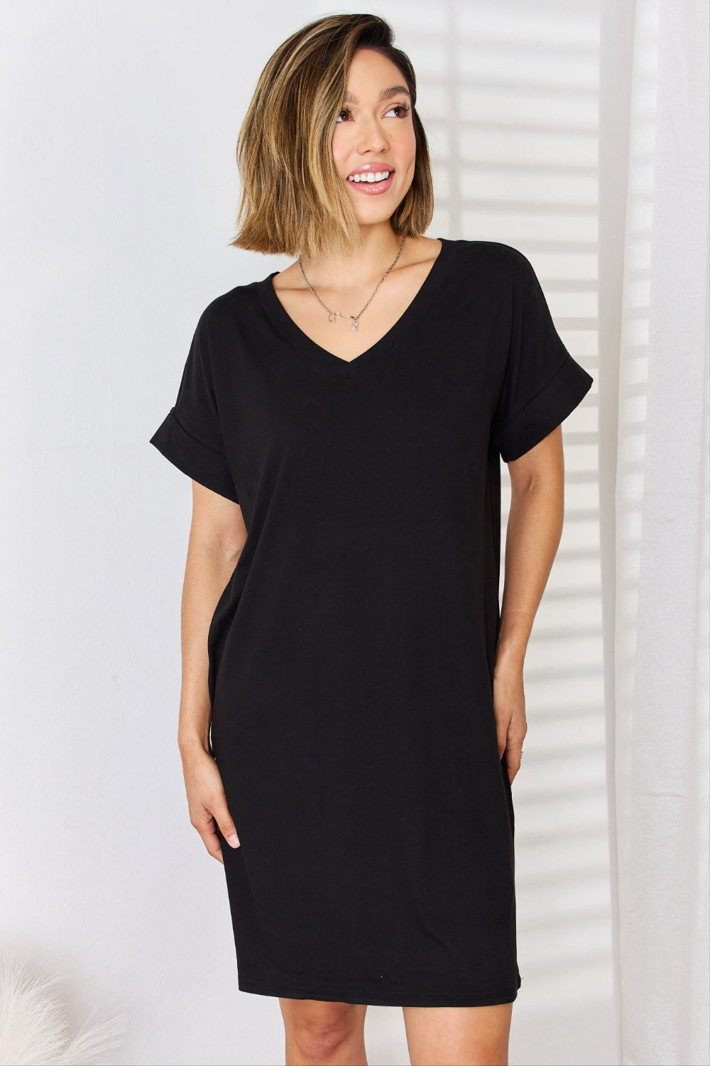 Full Size Rolled Short Sleeve V-Neck Dress