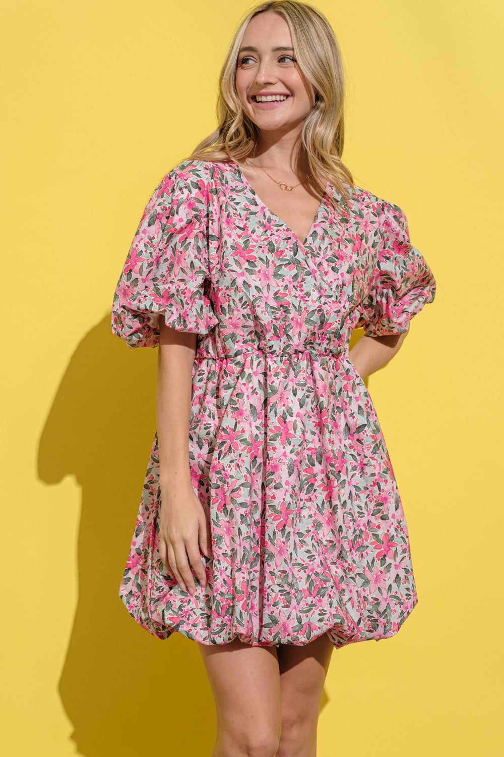 Full Size Floral Surplice Puff Sleeve Dress