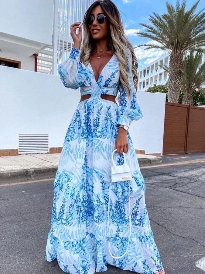 Deep cut V neck floral maxi dress