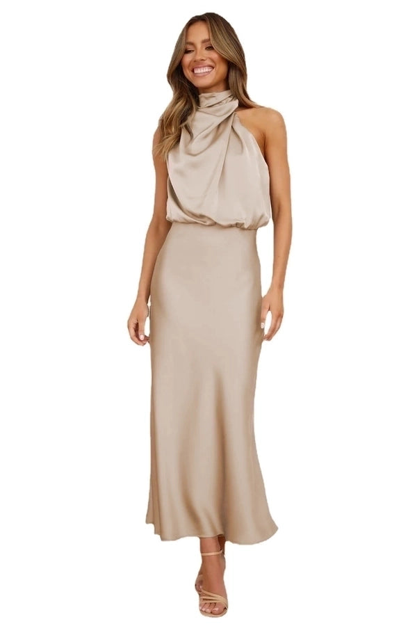 High neck one shoulder satin midi dress