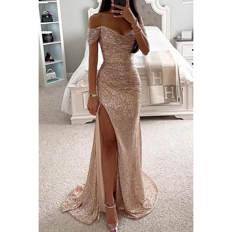 Off shoulder side slit sequin party dress