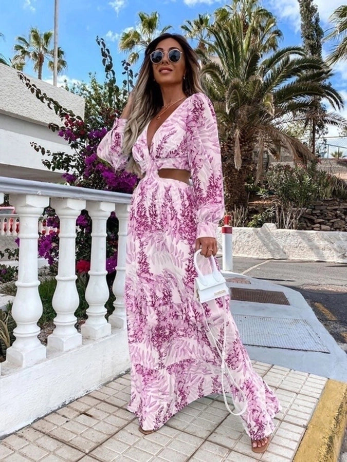 Deep cut V neck floral maxi dress