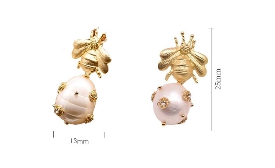 Queenbee pearl inlay zircon drop earrings