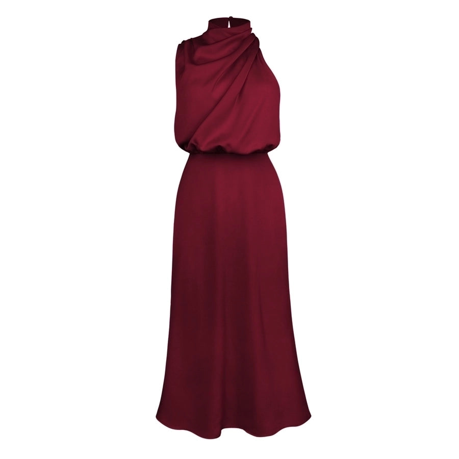 High neck one shoulder satin midi dress