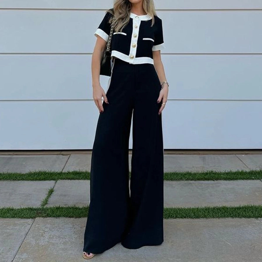 Button down crop top and wide legs pant set