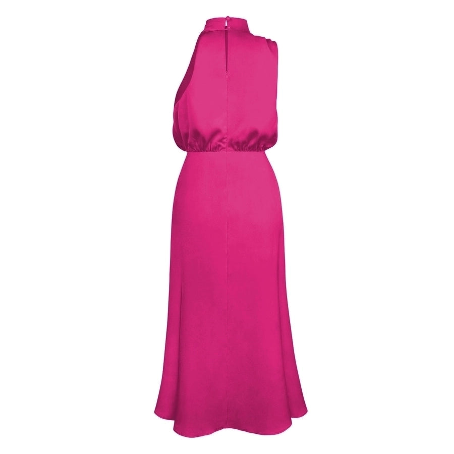 High neck one shoulder satin midi dress