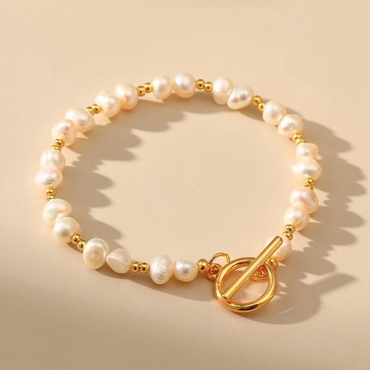 Vintage style geometric freshwater pearl copper 18k gold plated bracelets