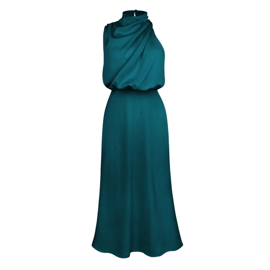 High neck one shoulder satin midi dress