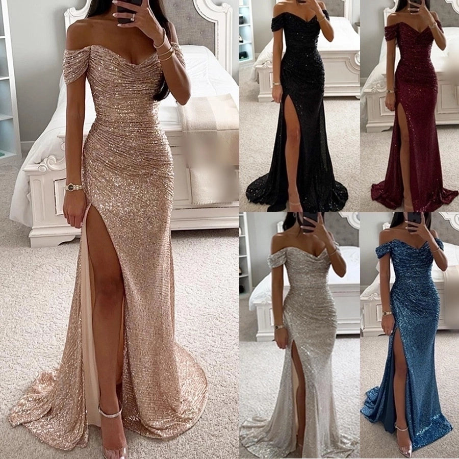 Off shoulder side slit sequin party dress