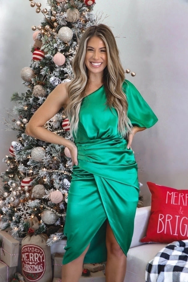 One sleeve side slit satin dress