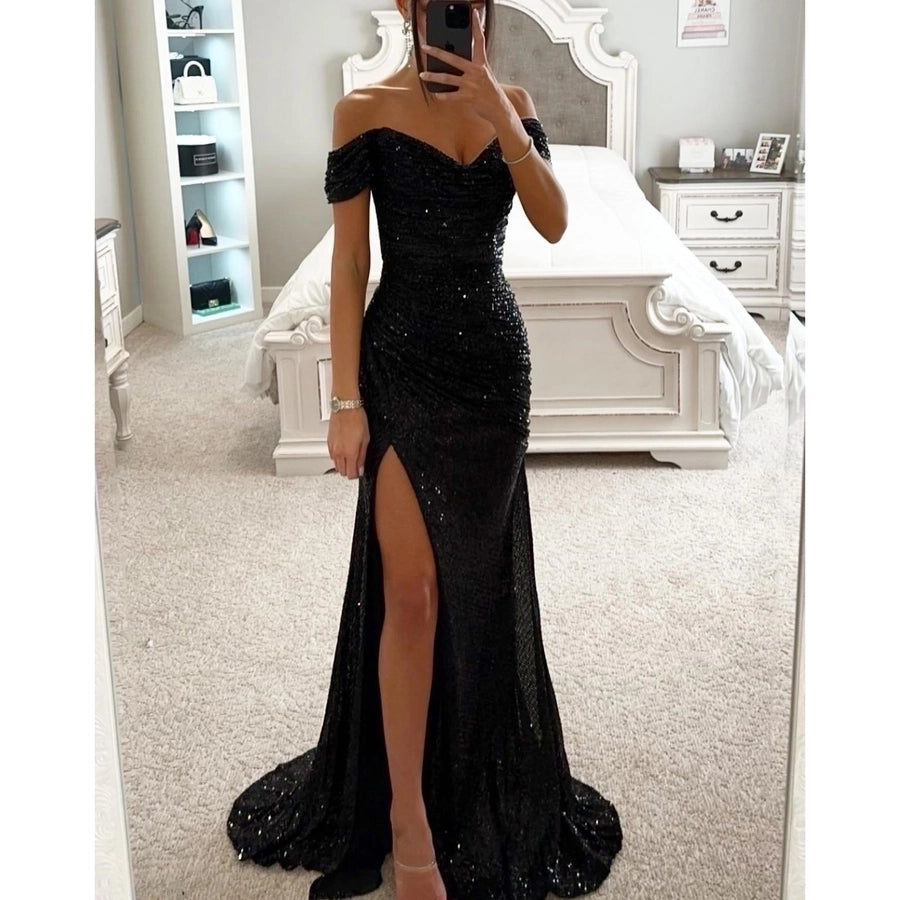 Off shoulder side slit sequin party dress