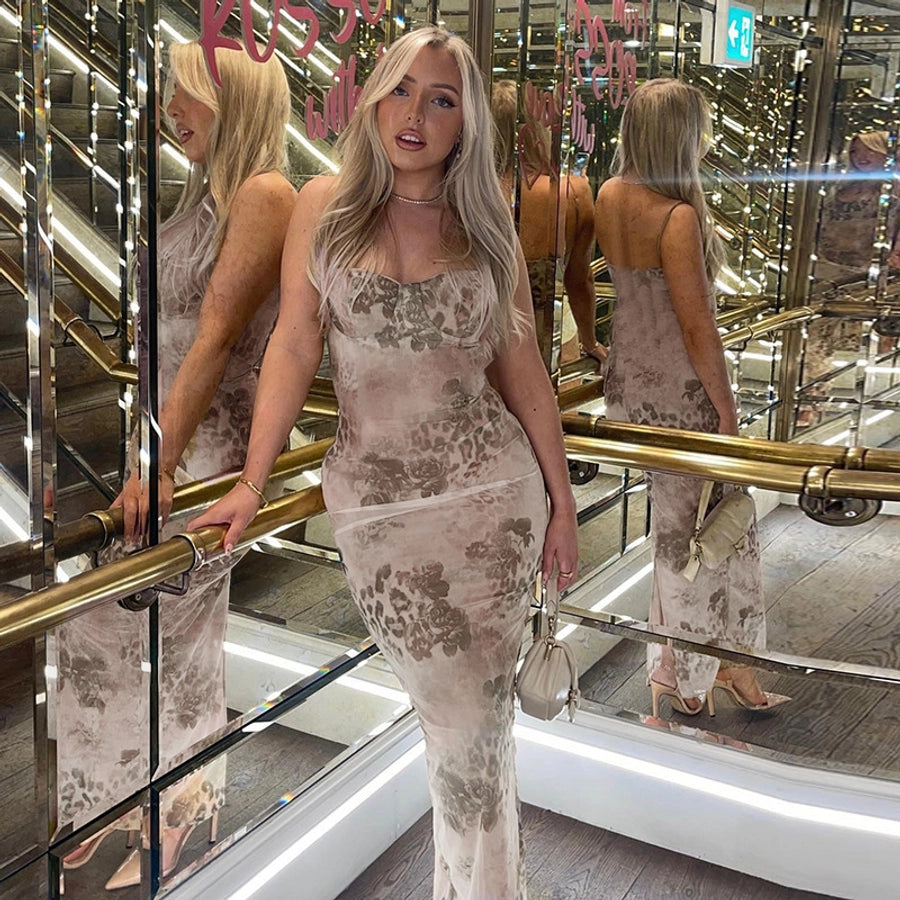 Strappy subtle flowers bodycon glam dress