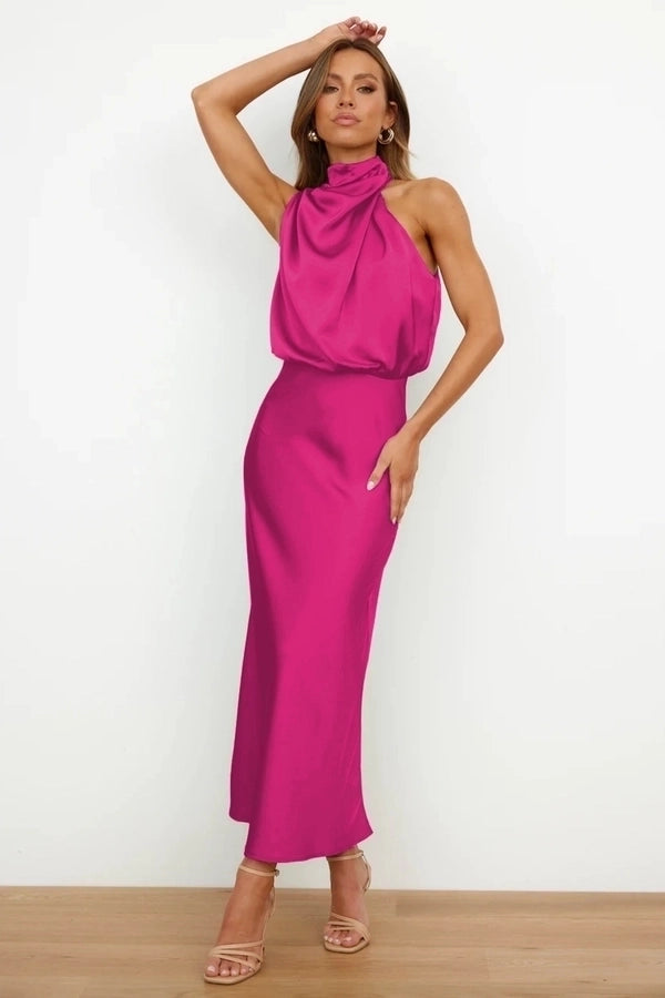 High neck one shoulder satin midi dress