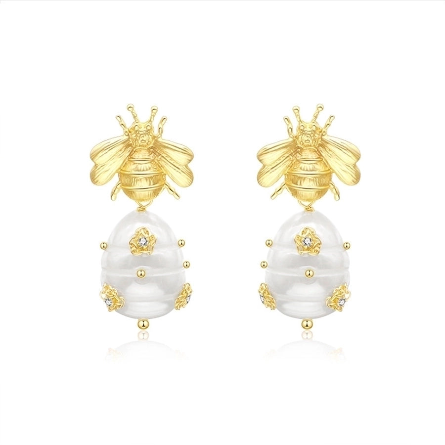 Queenbee pearl inlay zircon drop earrings