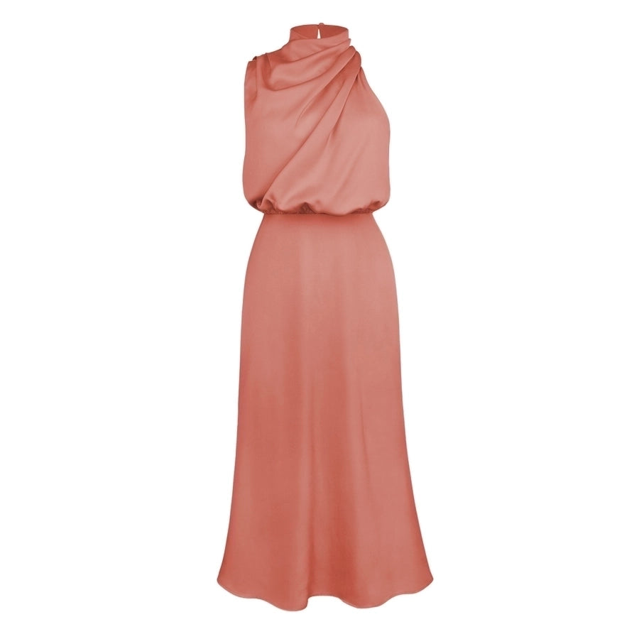 High neck one shoulder satin midi dress