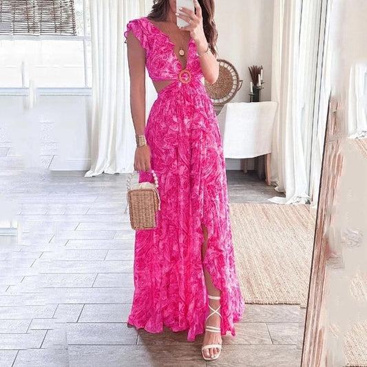 V-cut side slit floral summer maxi dress