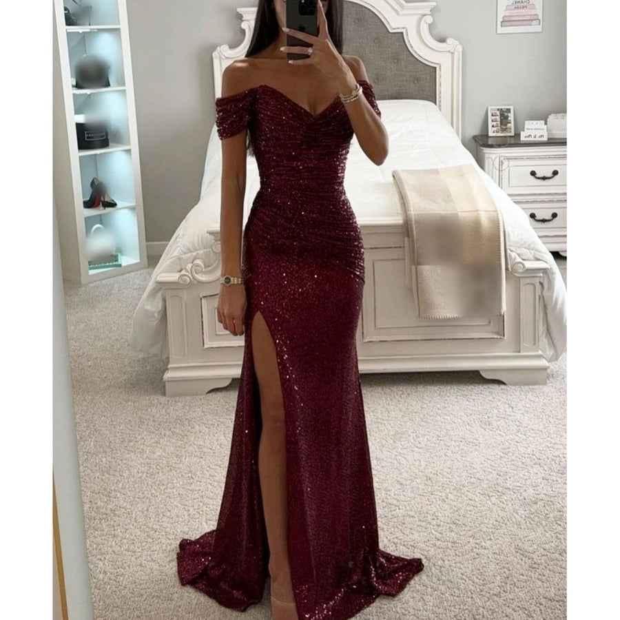 Off shoulder side slit sequin party dress