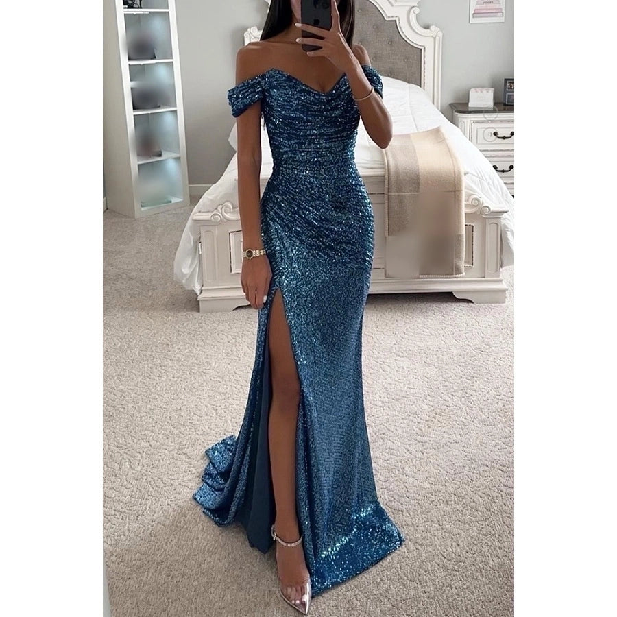 Off shoulder side slit sequin party dress