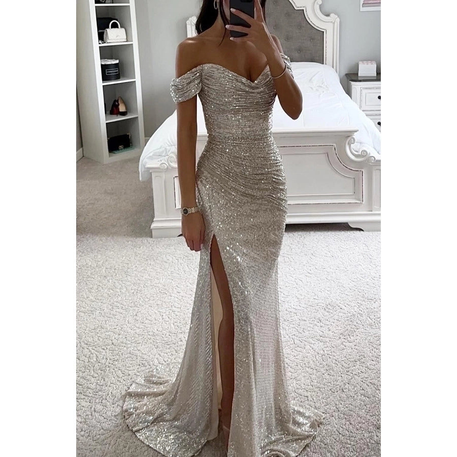 Off shoulder side slit sequin party dress