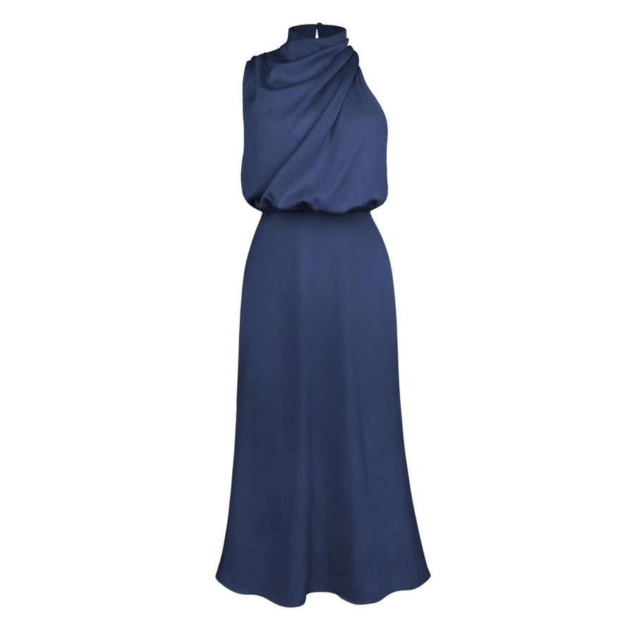 High neck one shoulder satin midi dress