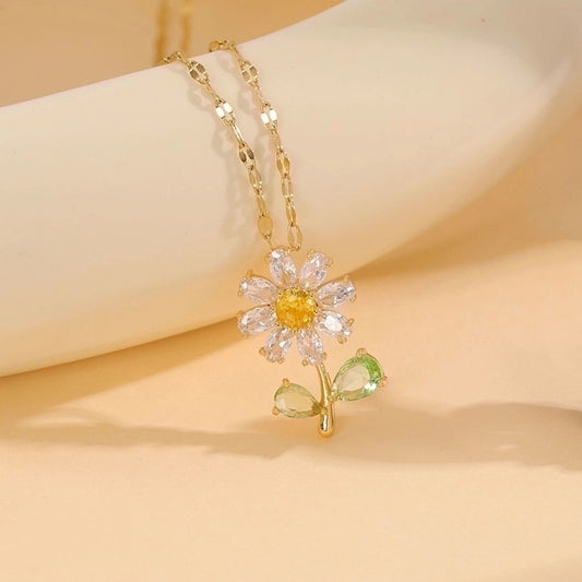 Stainless Steel 18K Gold Plated Simple Style Plating Inlay Flower Rhinestones Pendant Necklace